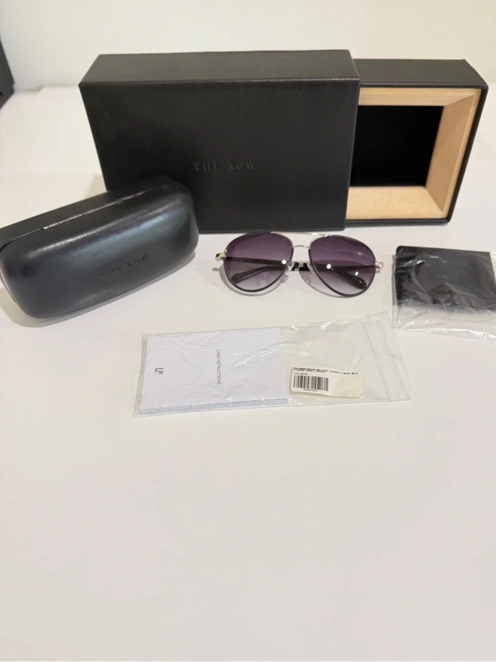 NWT The Row x Linda Farrow Leather Aviator Sunglasses Full Boutique Set
